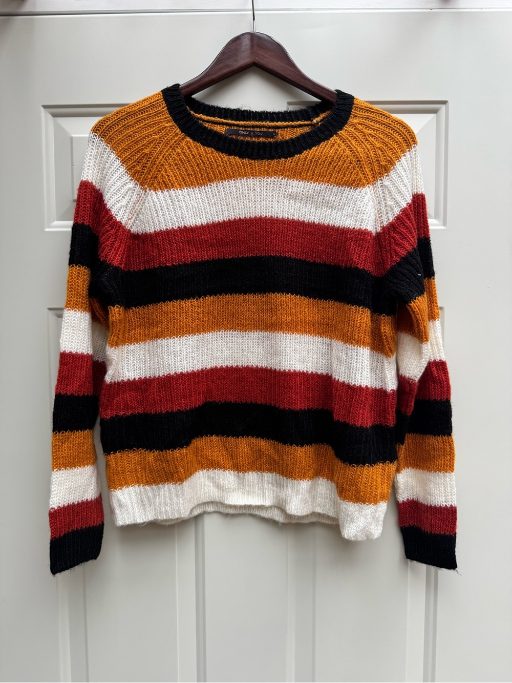 ASOS Striped Crewneck Sweater in Mustard, Black & Red